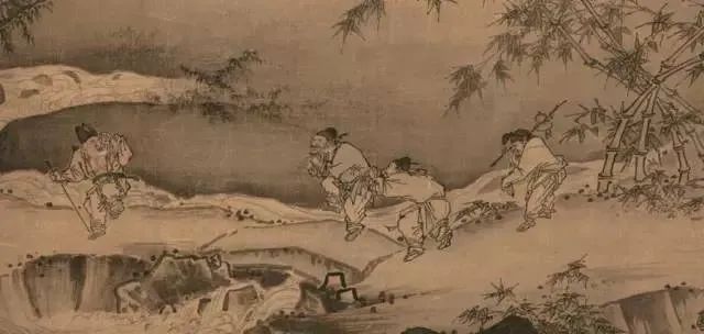 宋代馬遠（1140-1225）以農民勞動為繪畫主題的《踏歌圖》，田埂上是一群農民歡笑踏歌。